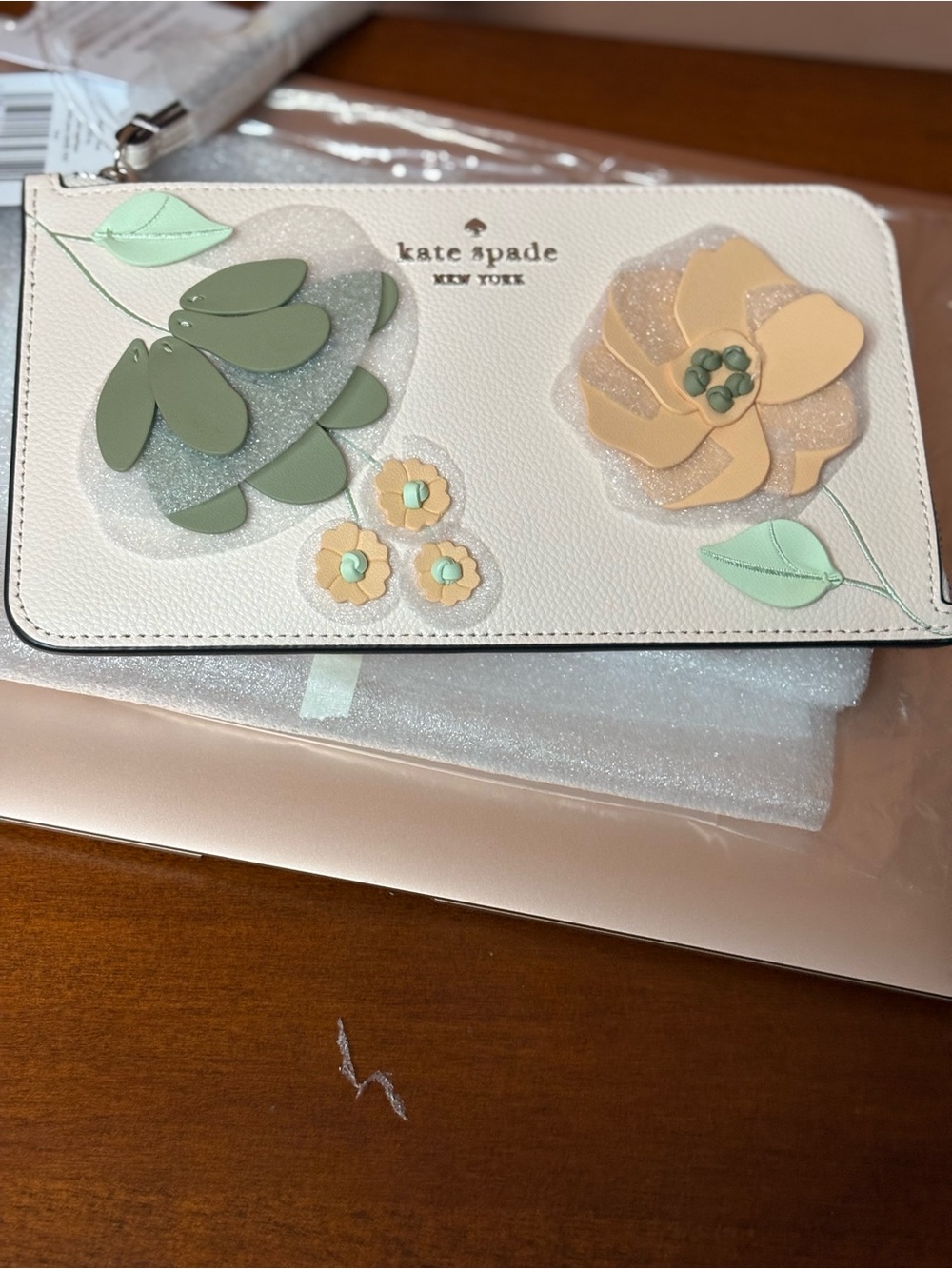 kate spade Cream Wallet with Sage and Pale Peach Floral Accents